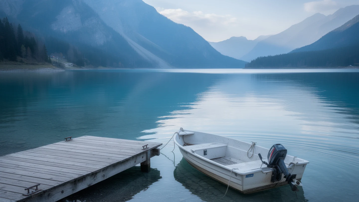AI illustration of a small motorboat tied to a jetty on an unnamed alpine lake