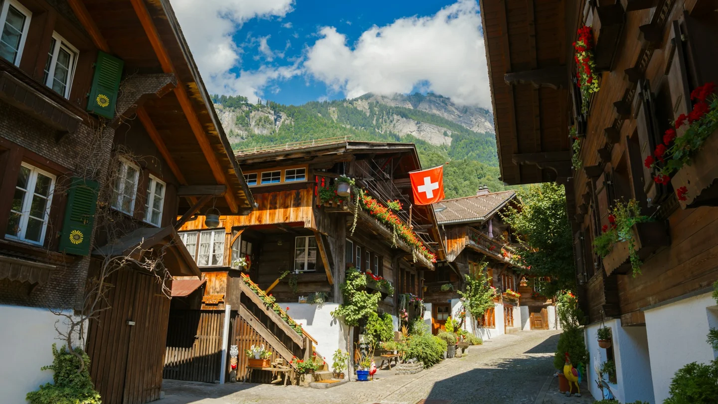 Wooden houses along a village street in Brienz