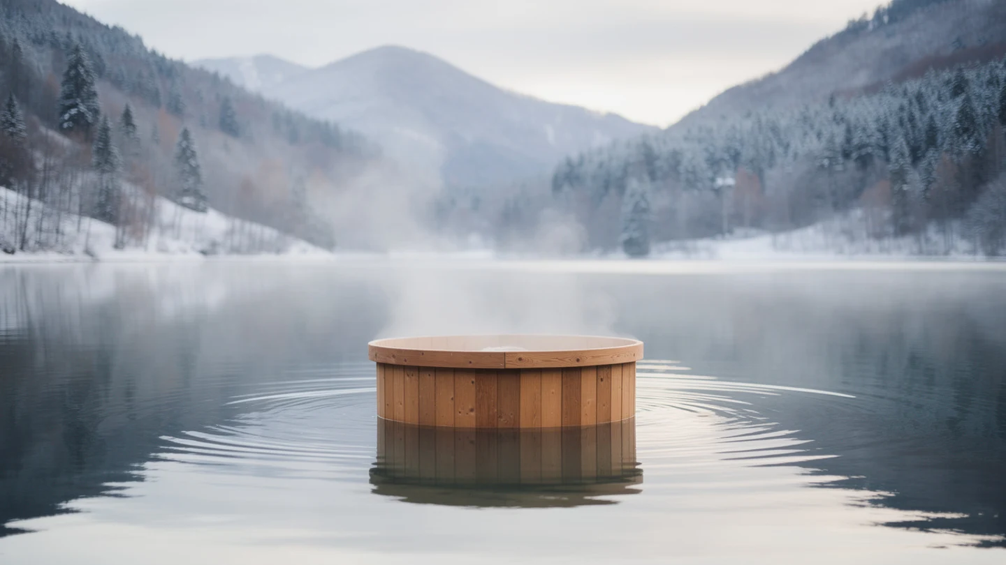 AI illustration of a round wooden hot tub afloat on an unnamed alpine lake