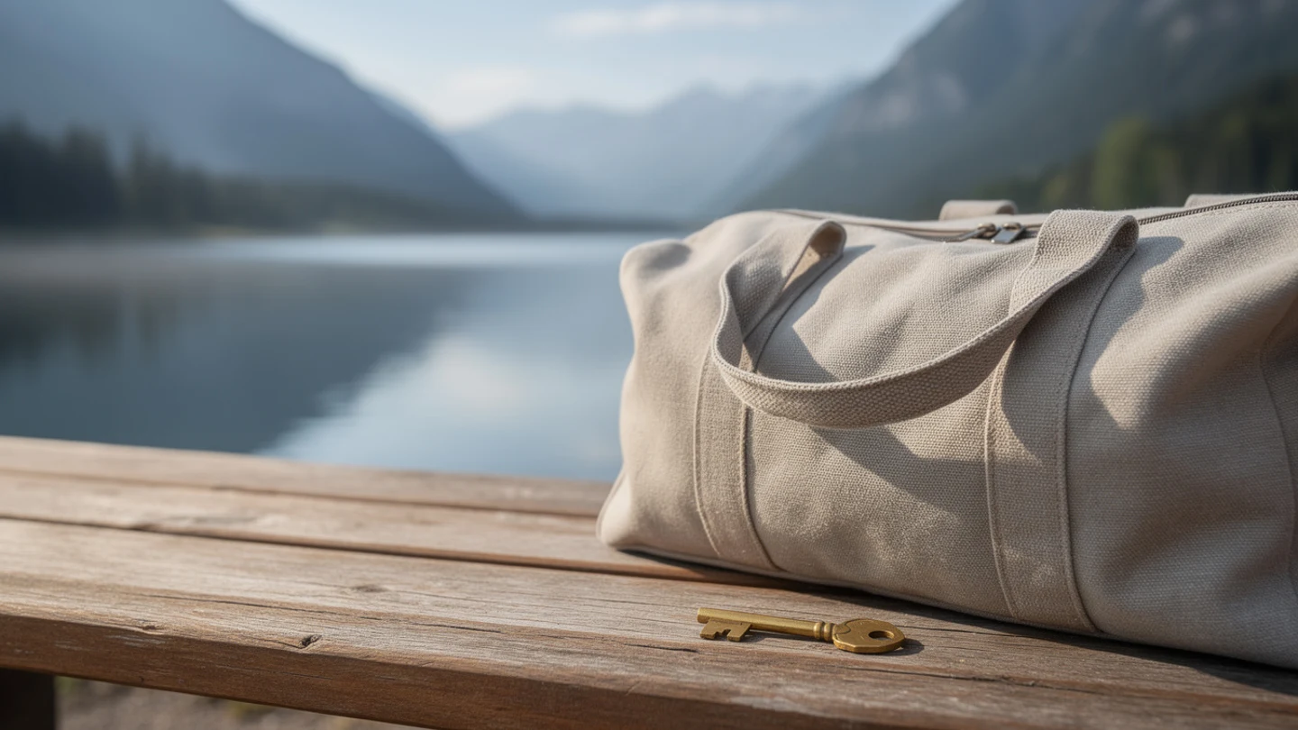 AI illustration of a brass key and canvas bag on a bench beside an unnamed alpine lake